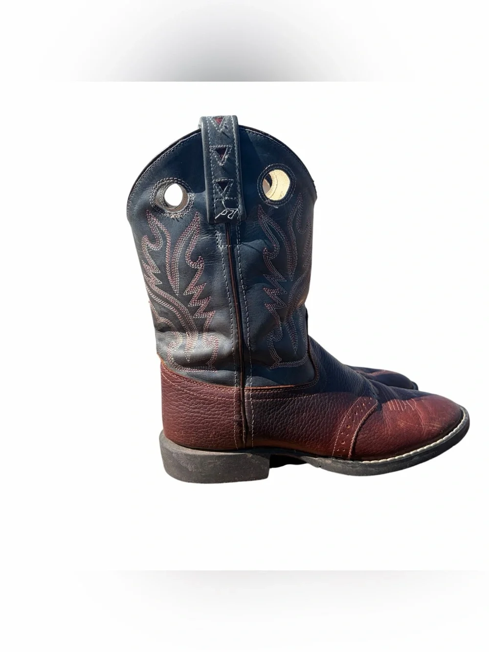 OLD WEST YOUTH LEATHER COWBOY BOOTS | SIZE 3.5 (035) | TWO-TONE BROWN & GREEN
